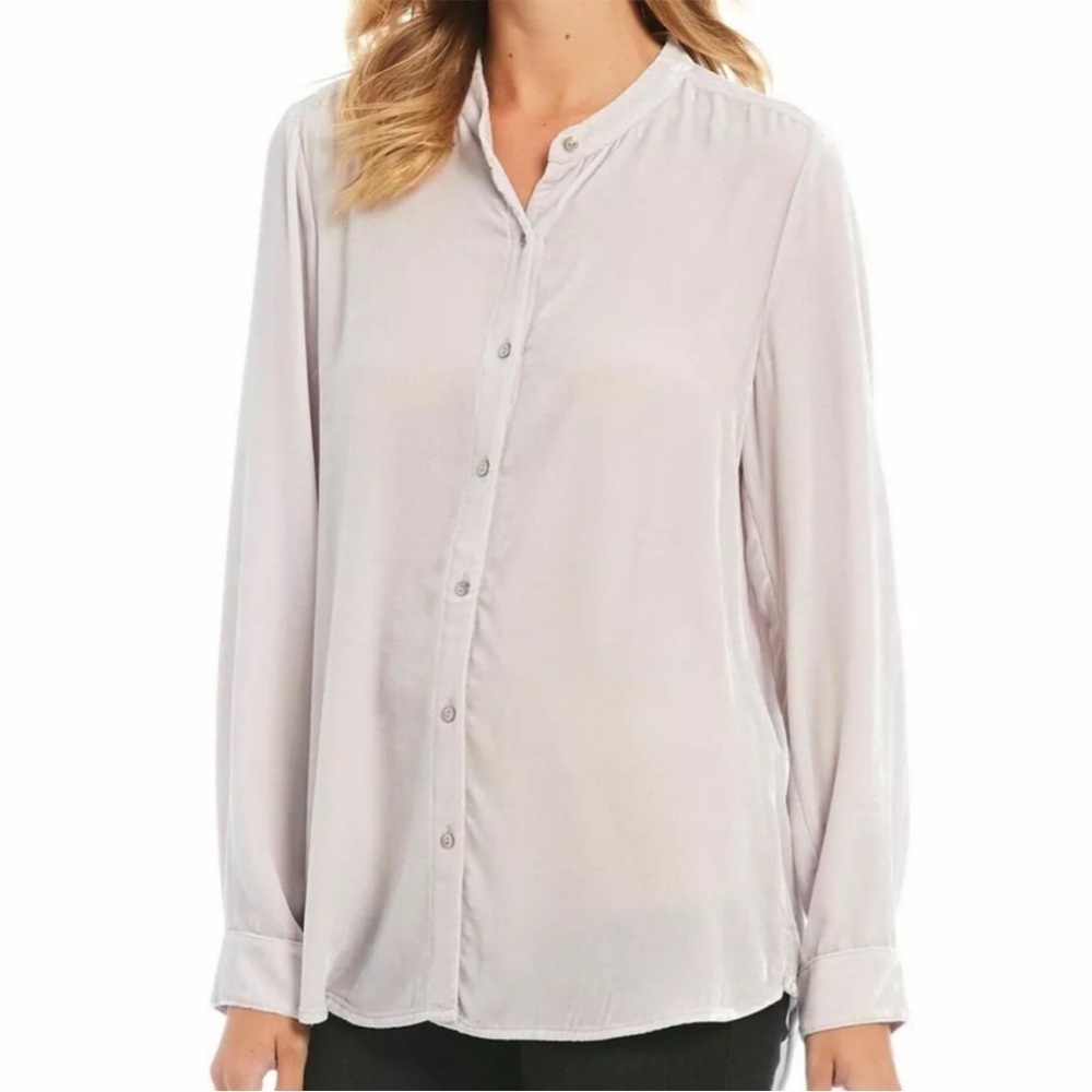 NWT Eileen Fisher Velvet Long Slv Silk Blend Top Mandarin Collar Oversize Small